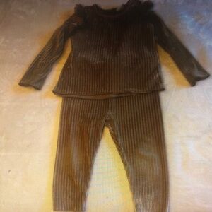 Brown Ribbed Long Sleeve Top and Pants Set